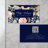 Rose Floral Agate Gold Glitter QR Code Business Card