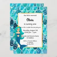 1st Mermaid Birthday party invitation turquoise