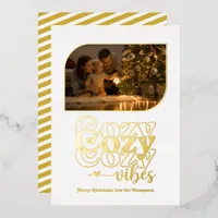 White & Gold Cozy Vibes Retro Christmas Photo Foil Holiday Card