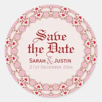 Sweet Love Hearts Lace Save the Date round Sticker