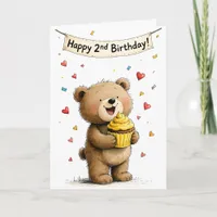 Cute Whimsical Teddy Bear Happy Second Birthday Card
