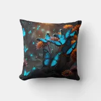 Blue Butterflies on an orange plant in moonlight Throw Pillow