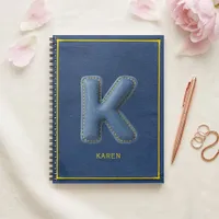 Y2K Blue Denim 3D Puff Letter K Monogram Name Notebook