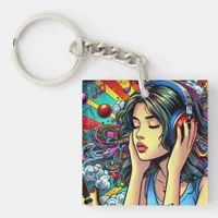 Girl Listening to Music on Headphones Psychedelic Keychain