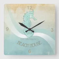 Beach House Seahorse Aqua Blue ID623 Square Wall Clock