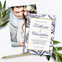 Elegant Navy Blue Gold Botanical Photo Wedding Invitation