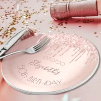 Birthday rose gold pink drips name paper plates