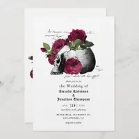 Burgundy Floral Skull Halloween Gothic Wedding Inv Invitation