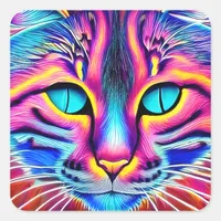 Pretty Blue Eyed Colorful Cartoon Ai Generated Cat Square Sticker