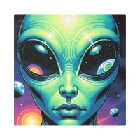 Alien Face with Planets Reflections in Eyes Metal Print