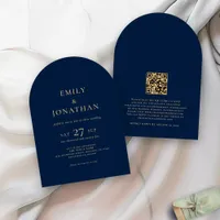 Minimalist Text QR Code Navy Gold Arch Wedding  Invitation