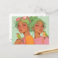 Whimsy Girls With Birds Postcard