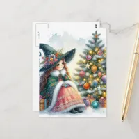 Cute Witch and a Christmas Tree Postcard