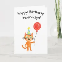 Child's Art Style Orange Cat Birthday Card