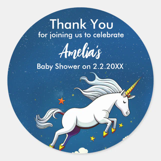 Cute Unicorn Flying Across The Sky | Baby Shower Classic Round Sticker