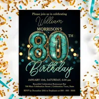 Elegant Teal and Gold 80th Birthday Celebration Invitation