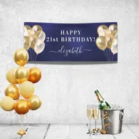 Birthday navy blue gold balloons name script banner