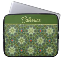 Vintage pattern in Green with Blue Flowers Laptop Sleeve