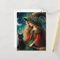 Adorable Black Witch Cat and a Yule Witch Postcard
