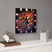 A vibrant guitar surrounded by swirling flames square wall clock