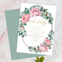 Oh Baby Pink and Gold Floral Girl Baby Shower Invi Invitation