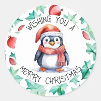 Cute Watercolor Christmas Penguin Holiday Classic Round Sticker