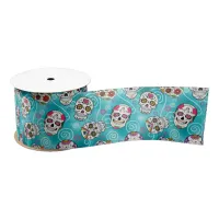 Sugar Skulls and Swirls Turquoise ID725 Satin Ribbon