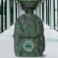 Stylized Leaves Pattern on Gray Name and Monogram Printed Backpack