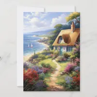 Cute Cottage at the Sea Flowers Hello Flat Card