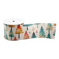 Watercolor Gold and Green Christmas Trees Satin Ribbon