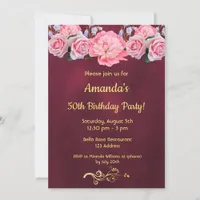 50th birthday party burgundy pink flowers invitation