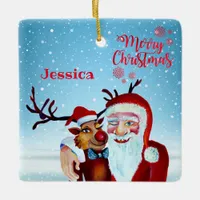 Watercolor Magical Santa Claus Smiling Rudolph Ceramic Ornament