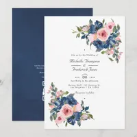 Watercolor Navy and Blush Floral QR Code Wedding Invitation
