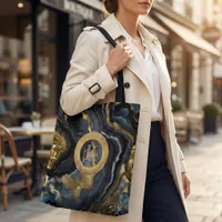Luxury Navy Blue & Gold Agate Marble Monogram Tote Bag