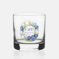 Elegant Watercolor Tulip Wreath Wedding Blue Ivory Whiskey Glass