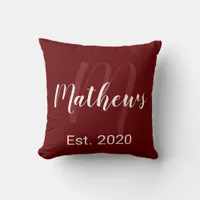 Modern Script Monogram in Burgandy Wine Throw Pillow