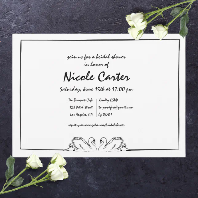 Simple Timeless Handwritten Swan Bridal Shower  Invitation