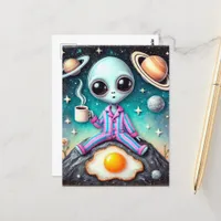 Alien in PJs with a Coffee and Egg Postcard