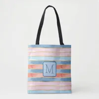 Watercolor Stripes Blues Color Block Monogram Tote Bag