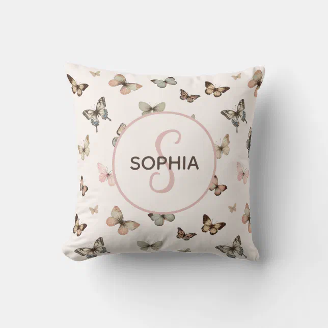 Cute Baby Girl Custom Monogram Butterfly Pattern Throw Pillow