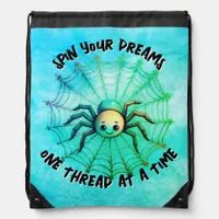 Cute Spider Inspirational Quote Monogram on green Drawstring Bag