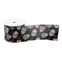 Sugar Skulls and Swirls Black ID725 Satin Ribbon