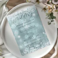 Classy Glamorous Blue Glitter Photo Wedding Invitation