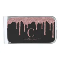 Rose Gold Sparkle Glitter Drips Monogram on Black Silver Finish Money Clip