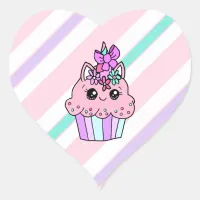 Cute Cartoon Heart Unicorn Cupcake Heart Sticker