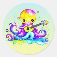 Cartoon Octopus Playing the Guitar Classic Round Sticker