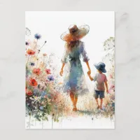 Mother's Day Woman and Child in Garden of Flowers Postcard