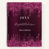 Sketchbook burgundy glitter drips name notebook