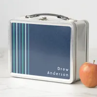 Kid's Blue Green Stripe Name Boy's Metal Lunch Box