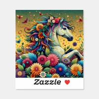 Pretty Whimsical Horse in Colorful Flowers Sticker